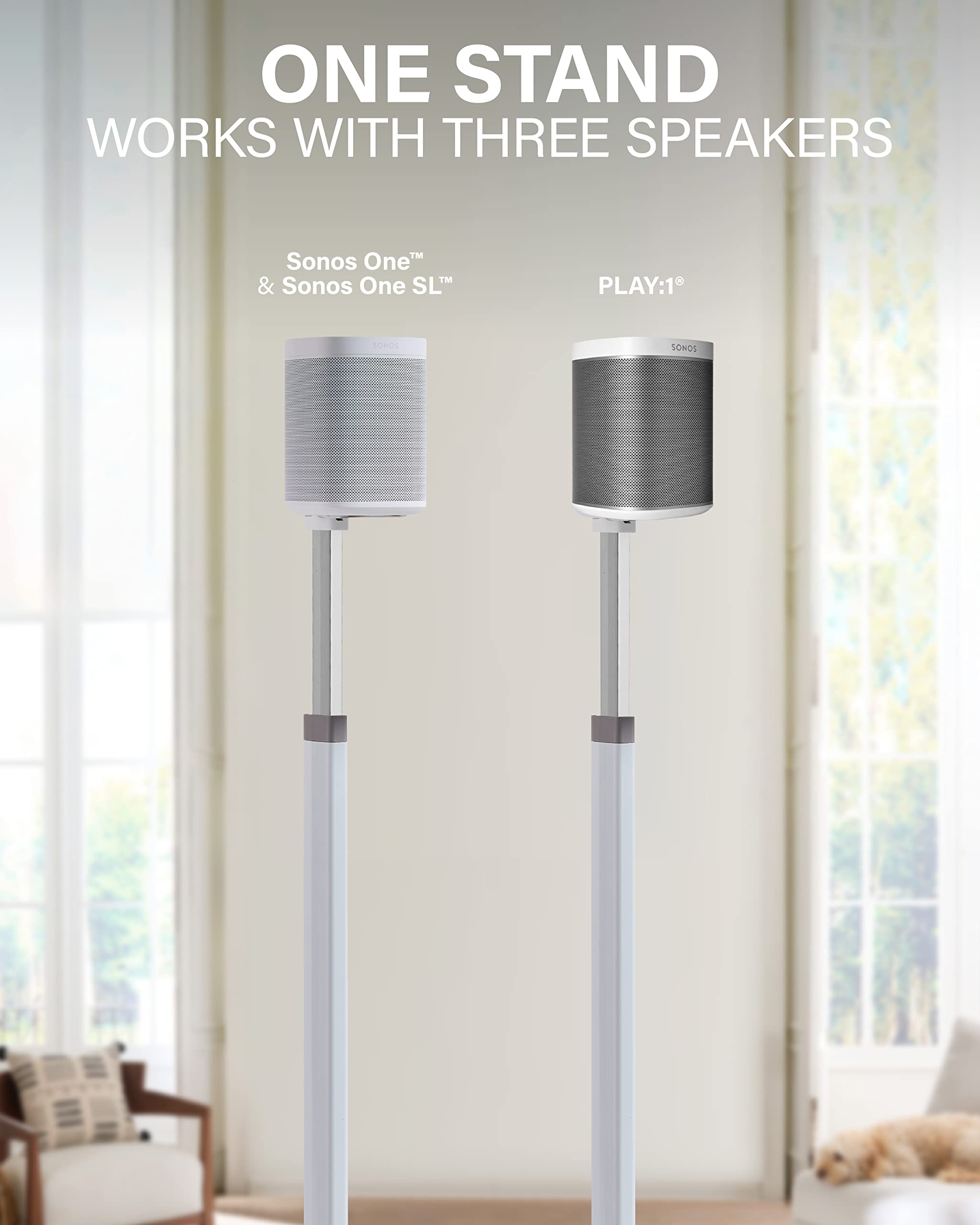SANUS Adjustable Height Wireless Speaker Stands Designed for Sonos One, One SL, and Play:1 - Tool-Free Adjustment up to 16" and Built-in Cable Management (White) - Image 3