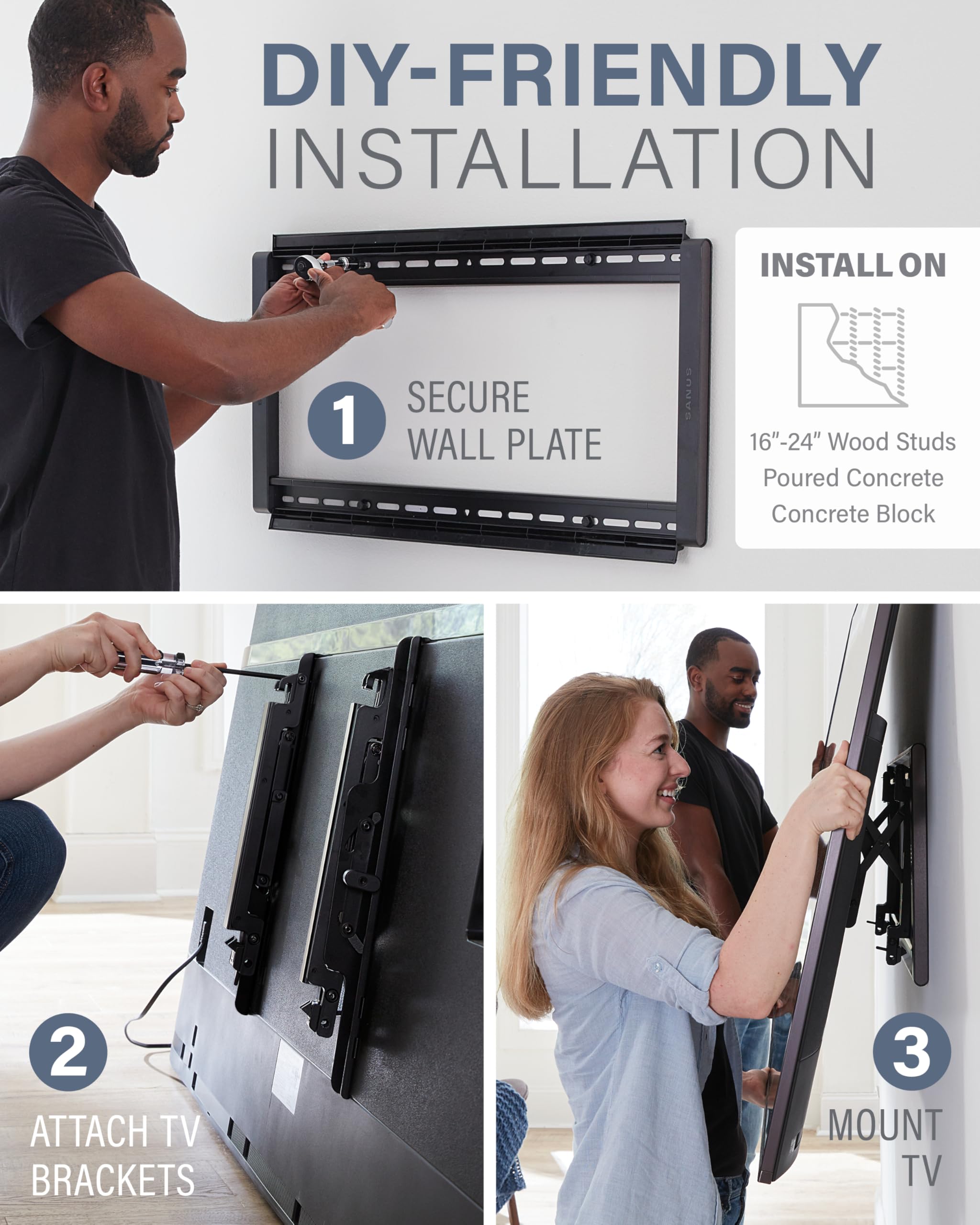 SANUS Tilting TV Wall Mount for 46" - 90” TVs or 150lbs - Premium Tilt Mount w/Universal Fit - Smooth 5.7" Extension Allows for Cable Management - Includes Hardware & Drill Template for Easy Install - Image 6